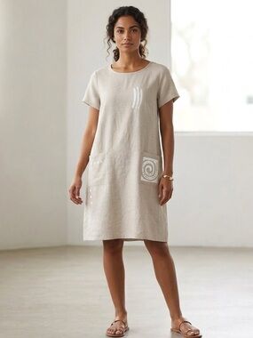 Vintage On The Rocks California Linen Shift Dress M Abstract Art EUC Size M